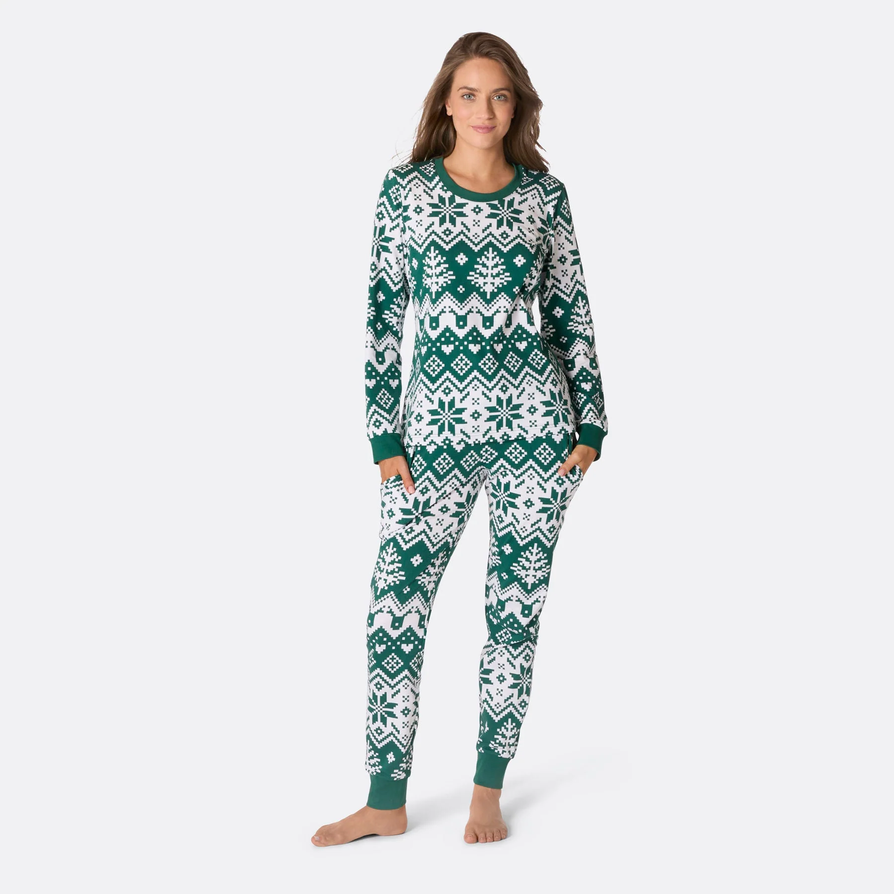 Grüner Winter Strickmuster Weihnachtspyjama Damen - Image 3