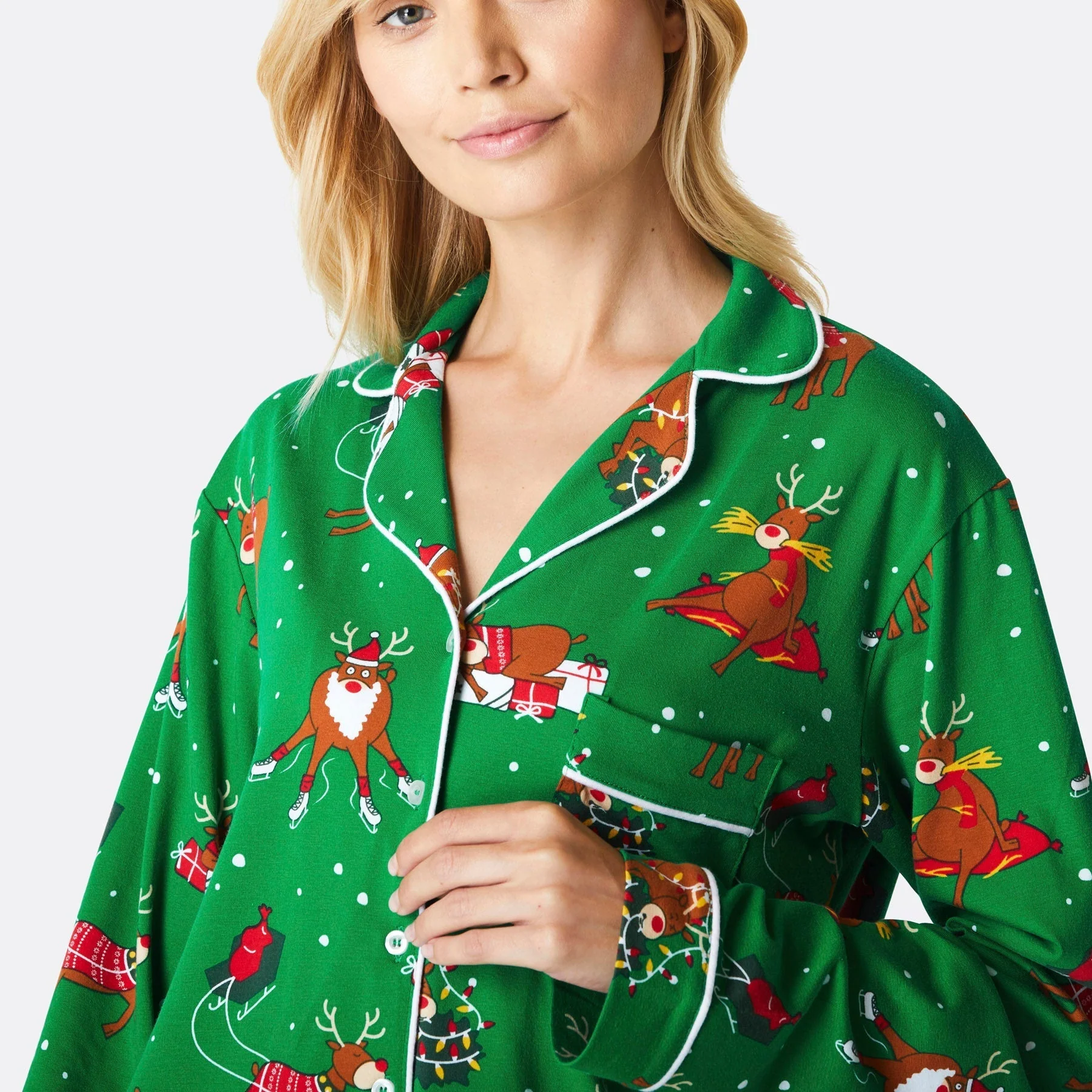 Rentier Weihnachtspyjama mit Kragen Damen - Image 4