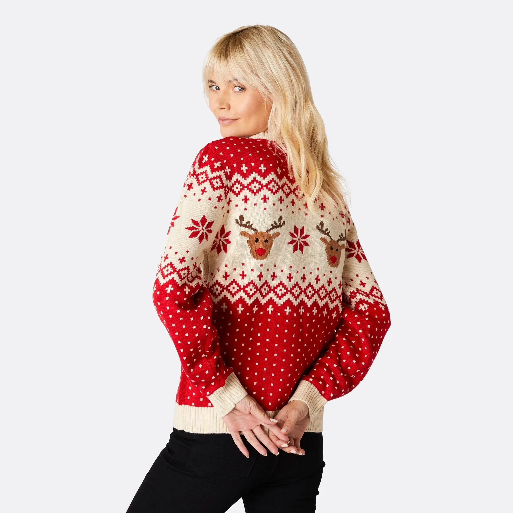 Roter Retro Rentier Weihnachtspullover Damen - Image 4